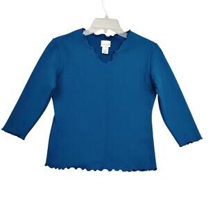 Haystacks Textured Blouse Size Small Blue 3/4 Sleeve Lettuce Hems Stretchy